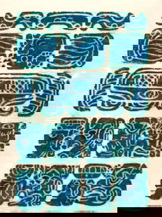 Chichen Itza Mayan Calendar Wall Glyph Ink Presses: Stamped on lower right corner Certified Chichen itza Depicts various wall glyphs in tones of blues and greens. Framed in gold metal leafed wooden frame. Approximately 2ft x 1ft, window measures 22 x 1