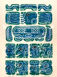 Chichen Itza Mayan Calendar Wall Glyph Ink Presses: Stamped on lower right corner Certified Chichen itza Depicts various wall glyphs in tones of blues and greens. Framed in gold metal leafed wooden frame. Approximately 2ft x 1ft, window measures 22 x 1