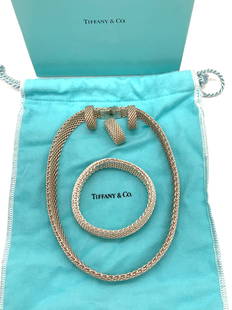 Tiffany & Co Signed Sterling Silver Jewelry Set 5: Tiffany & Co Sterling Silver Somerset Mesh Jewelry set ; 3/4 hoop earrings, ring, Bracelet Bangle, and necklace. Comes in the Robin blue TIFFANY gift box with a TIFFANY duster bag, duster bag like new