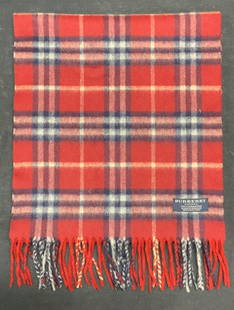 Burberry Red Plaid Cashmere Scarf, England: Burberry red plaid pattern cashmere scarf. Designer label to reverse. Made in England. Gently worn. Measures approx. 54 inches long excluding fringe. Burberry, Burberry scarf, Burberry accessories, la