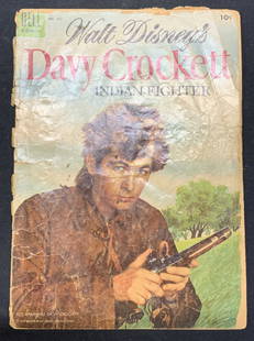 Disneys Davy Crockett Indian Fighter #631, 1955: Walt Disneys Davy Crockett, Indian Fighter. Dell Comic No. 631. Published 1955. Wear consistent with exposure. Cover is loose. Measures approx. 10.25 x 7.25 inches. Walt Disney, Walt Disney comic, Dav