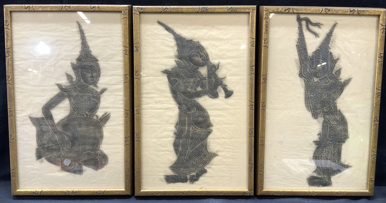 3 Framed Thai Temple Charcoal Rubbings (1 of 9)
