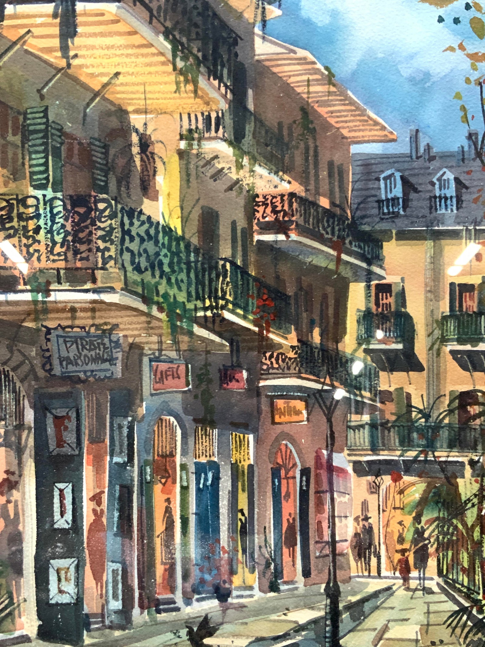 Mack Signed New Orleans Alley Scene Watercolor: Signed on lower left corner Mack. Written in bottom margin, Private alley, New Orleans. Depicts various shops with balconies above. Framed in silver toned metal frame with brown toned mat board. Appro