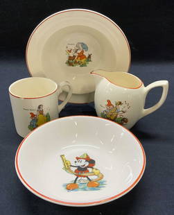 Lot 4 Wadeheath Snow White Porcelain Tableware USA: 3 pieces of vintage 1930s Wadeheath Walt Disney Snow White porcelain tableware. Includes bowl (6 5/8 x 1.5 inches), creamer (4.5 x 3.75 inches) and cup (2.75 x 3 inches). All pieces trademarked to und