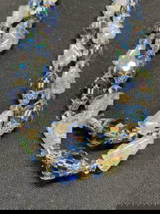 Blue Crystal Double Strand Choker Necklace: Blue crystal beaded double strand necklace. Measures approx. 13 inches long. Clasp needs repair. Some surface wear consistent with exposure. Estate jewelry, costume jewelry, cocktail jewelry, fashion