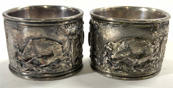 Sterling Silver Vntg Napkin Rings W Red Box: Napkin rings tested positive for sterling silver with PuriTEST testing kit. Each piece has intricate detail depicting huntsmen dogs, & boar detail. Each measures approximately 2.25 inches wide, 1.75 i