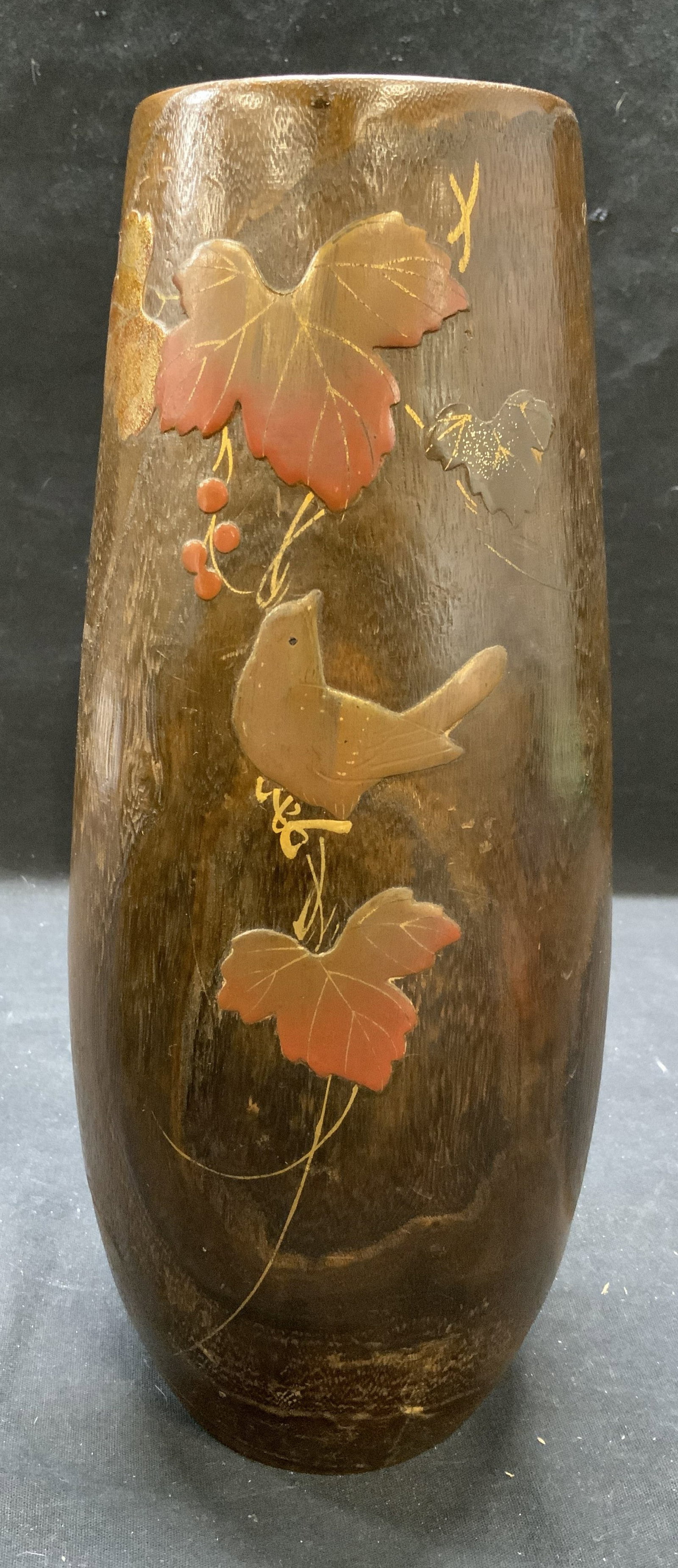 Vintage Japanese Carved Wood Bird Vase: Vintage Japanese carved wood vase with copper insert. Bird and leaf motif. Some surface wear consistent with exposure. Measures approx. 4.5 x 11.75 inches. Jane se vase, wood vase, carved wood vase, b