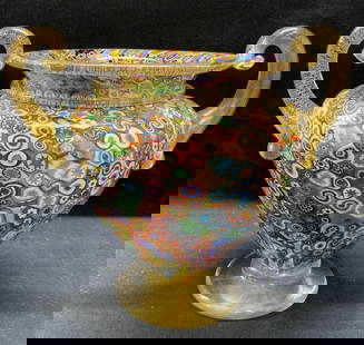 Gambaro&Poggi MURANO Millefiori ArtGlass Urn Italy: Signed Gambaro & Poggi MURANO Art glass urn with millefiori and gold leaf decoration. Made in Italy. Some surface wear consistent with exposure. Measures approx. 11.25 x 9.5 inches. Signed to undersid