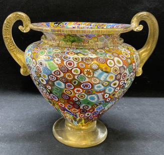 Gambaro&Poggi MURANO Millefiori ArtGlass Urn Italy: Signed Gambaro & Poggi MURANO Art glass urn with millefiori and gold leaf decoration. Made in Italy. Some surface wear consistent with exposure. Measures approx. 11.25 x 9.5 inches. Signed to undersid