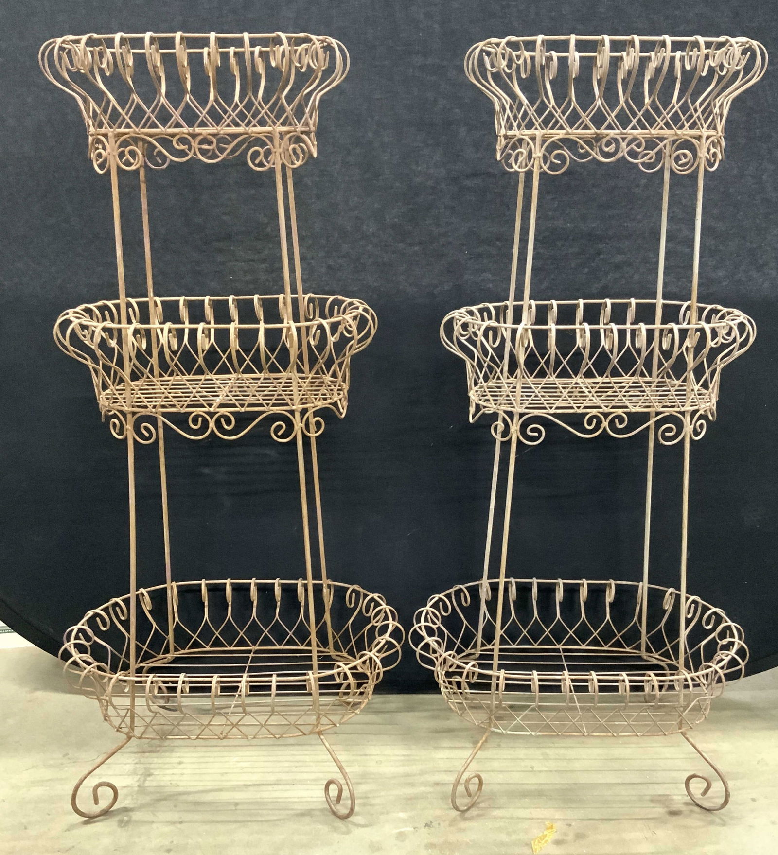 Pr Antique 3  Tier Metal Plant Stands, Curled Feet (1 of 7)