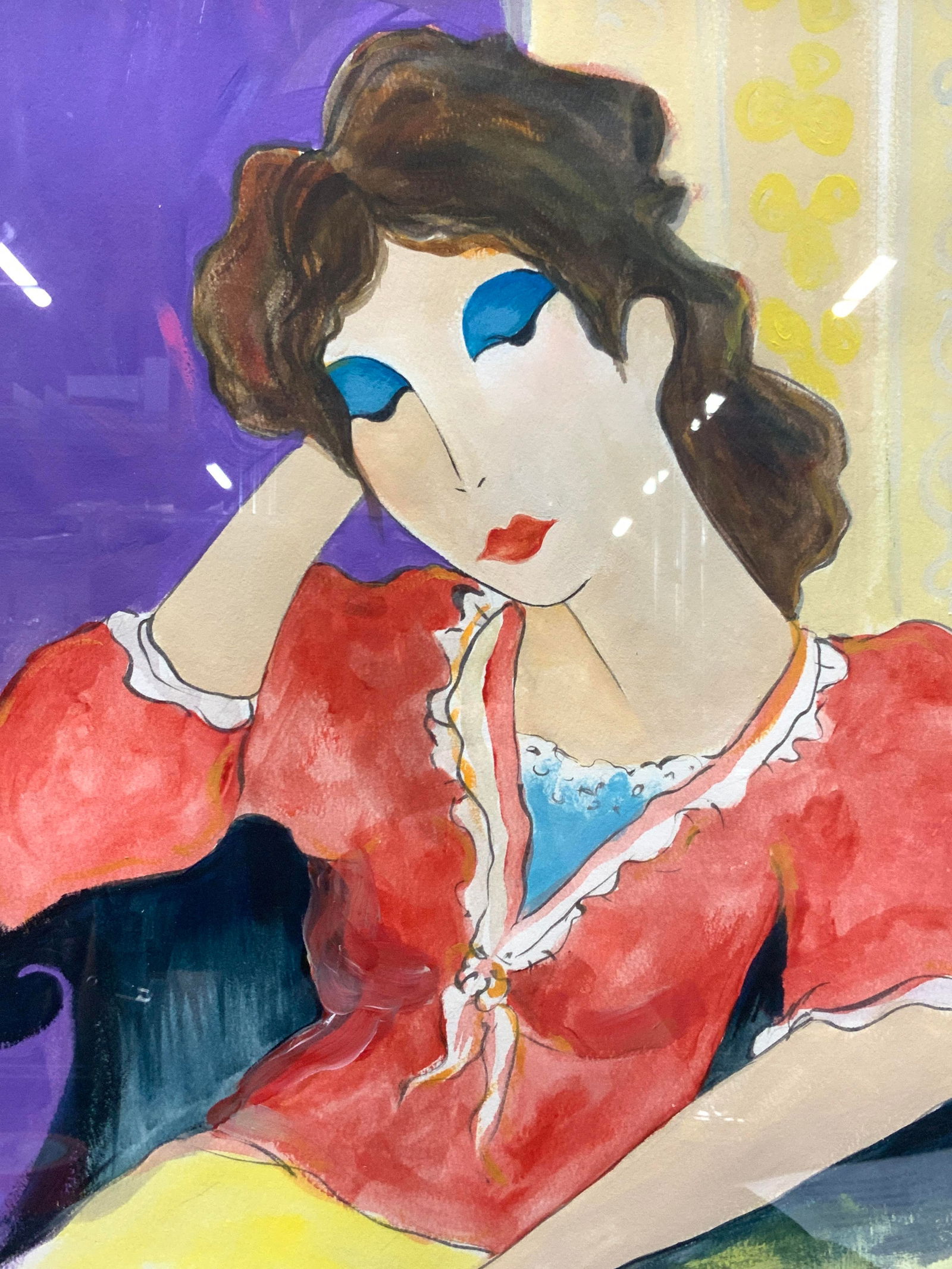 ATTR TARKAY Pensive Woman Watercolor Painting: Signed in lower right corner TARKAY Subject depicts a woman with brown hair lounging in a teal toned chair with a ‘Pensive’ look Framed in dark wooden frame with black mat board and gold leafed in