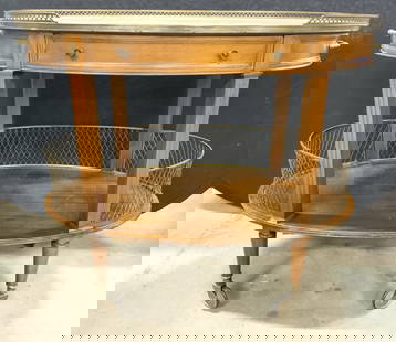 Vtg Carved Wooden Bar Cart W Marble Top & Drawer: Bar cart is vintage and wooden. Piece has marble top. Bar cart has drawer with 2 gold toned gilt metal handles. Piece has lower wooden tier. Top and lower tier each have metal Gallery around edges. Ba