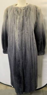 Ombre Dyed Mink Fur Coat w Silk: Dyed mink fur coat, grey to violet blue. All interior grey silk interior, stripes of grey to black. Crew neck. Hook and loop buttons at chest, under breast,, waist , and thighs. 2 sets of buttons for