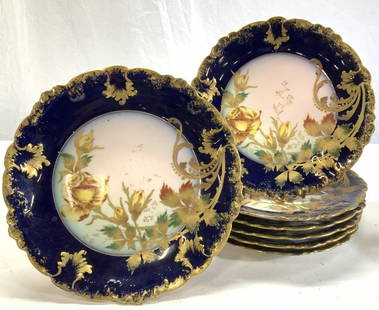 GDA Limoges FRANCE Antique Plates, Dessert Tazza 7: Antique Set of GDA FRANCE Cobalt and gilt hand painted porcelain plates and dessert Tazza. These are Limoges manufactured, marked ‘GDA France’ in green ink under glaze ( logo of Gerard, Dufrai