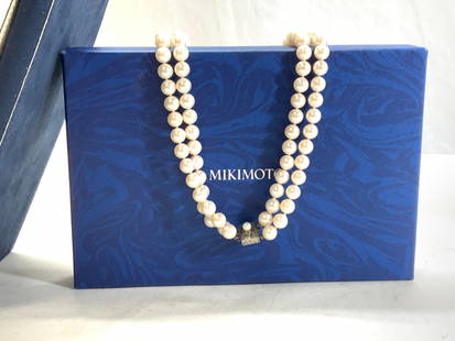 MIKIMOTO Double Strand Pearl Necklace, Org Box: Mikimoto Luxury Pearl Necklace with silver clasp . Trademark of M in an Akoya oyster shell and letter S on clasp. Double strand of pearls with necklace drop of 7 in. Off white cultures pearls, each 6