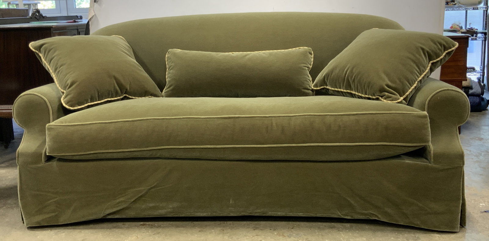 JJ CUSTOM INC Green Skirted Sofa W/ Throw Pillows (1 of 13)
