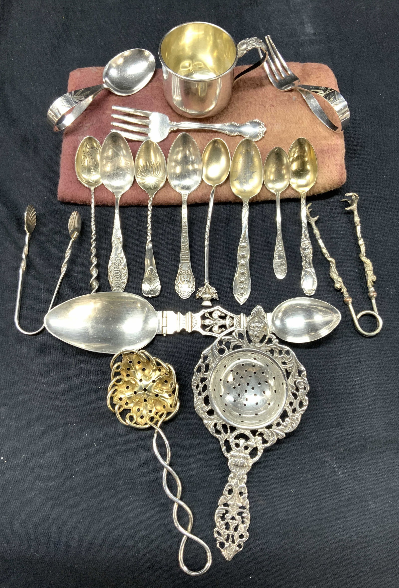 Set 17 Vintage Sterling Spoons & Table Accessories: Lot of 17 sterling marked utensils. 8 sterling marked Demitasse Souvenir spoons. Marked GROHAM MFG.Co. Others marked with Lion Passats. Souvenir spoons monogrammed on cups, 1 baby fork marked Towle st