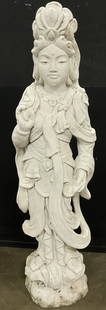 XL Quan Yin Garden Sculpture, Buddhist Deity 38inh: Garden sculpture of Buddhist deity, quan yin. Sculpture is possibly painted cement. Measures 38H x 9W inches. Significant wear to piece consistent with age and use. Some paint chipping. Garden sculptu