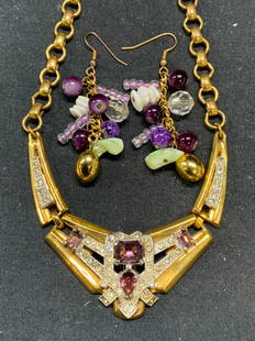 2 McClelland BARCLAY Crystal Necklace, More: Lot of 2 jewelry pieces. Vintage McClelland BARCLAY gold tone necklace with colorless and purple crystal decoration. Signed to reverse. Drop length approx. 7.5 inches. Gold tone beaded beaded crystal