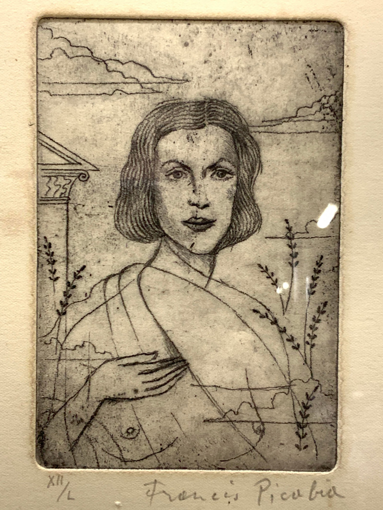 ATTR Francis Picabia SGD Nude Woman Block Etching: Signed in lower right corner in graphite Francis Picabia XII/ L Subject depicts a nude woman with images of Greek columns and clouds behind her Framed in black wooden frame with white mat board Approx
