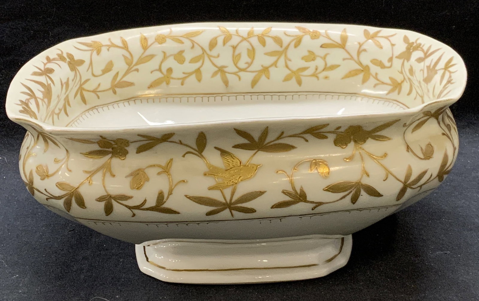 Antq D&C Depose Limoges Porcelain Bowl: Antique D & C Depose Limoges porcelain bowl with gilt botanical pattern. Trademarked to underside. Patent date July 1 (18)84. Made in France. Some surface wear including scratching and loss to paint o