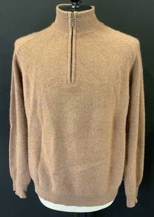 RAFFI Brown Cashmere Sweater: RAFFI brown cashmere quarter zip sweater. Size L. Measures approx. 25 inches across chest. Some wear to material including pilling observed. RAFFI, RAFFI cashmere sweater, RAFFI sweater, mens designer