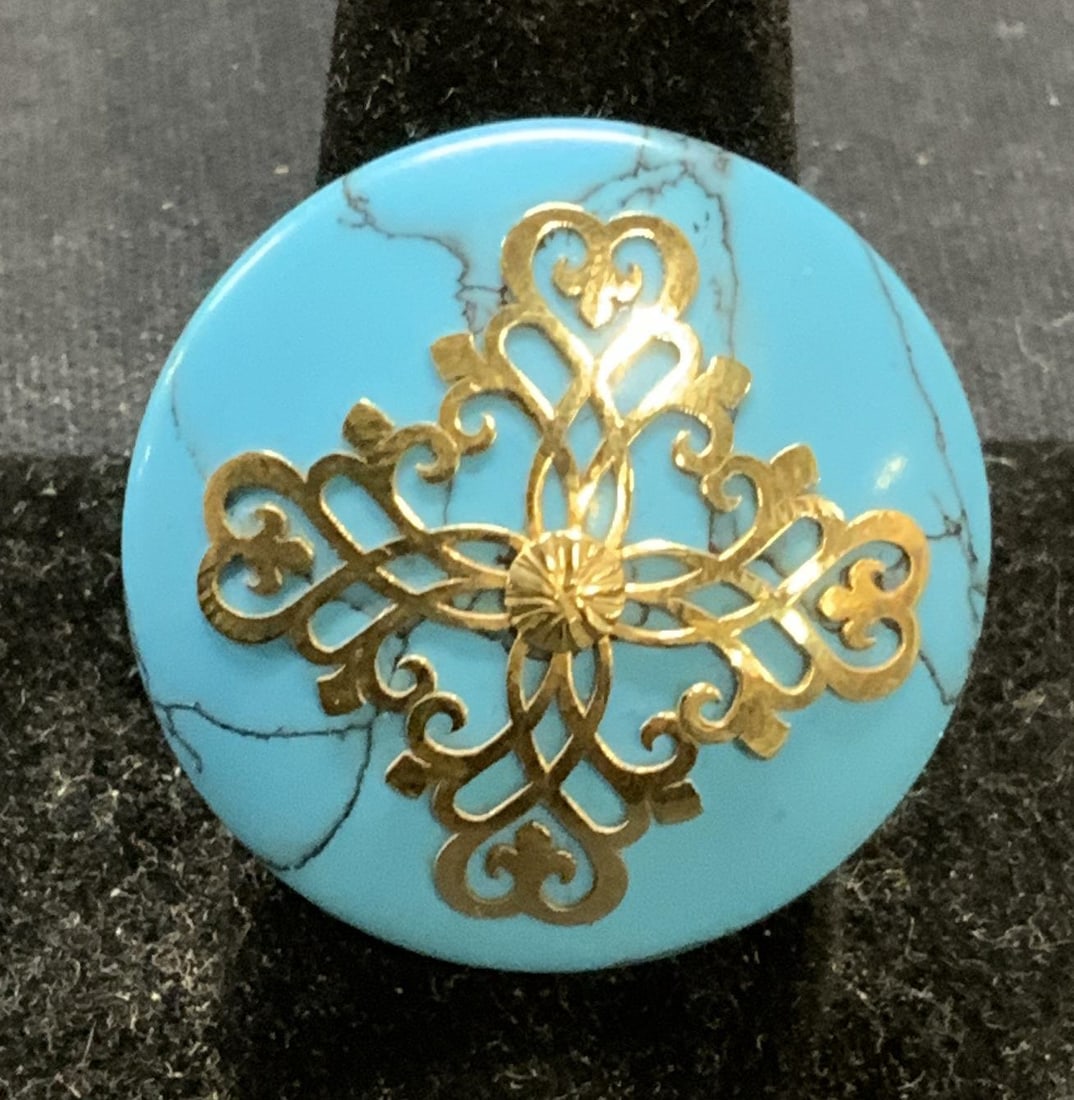 14k Gold Turquoise Cabochon Ring, Italy (1 of 8)