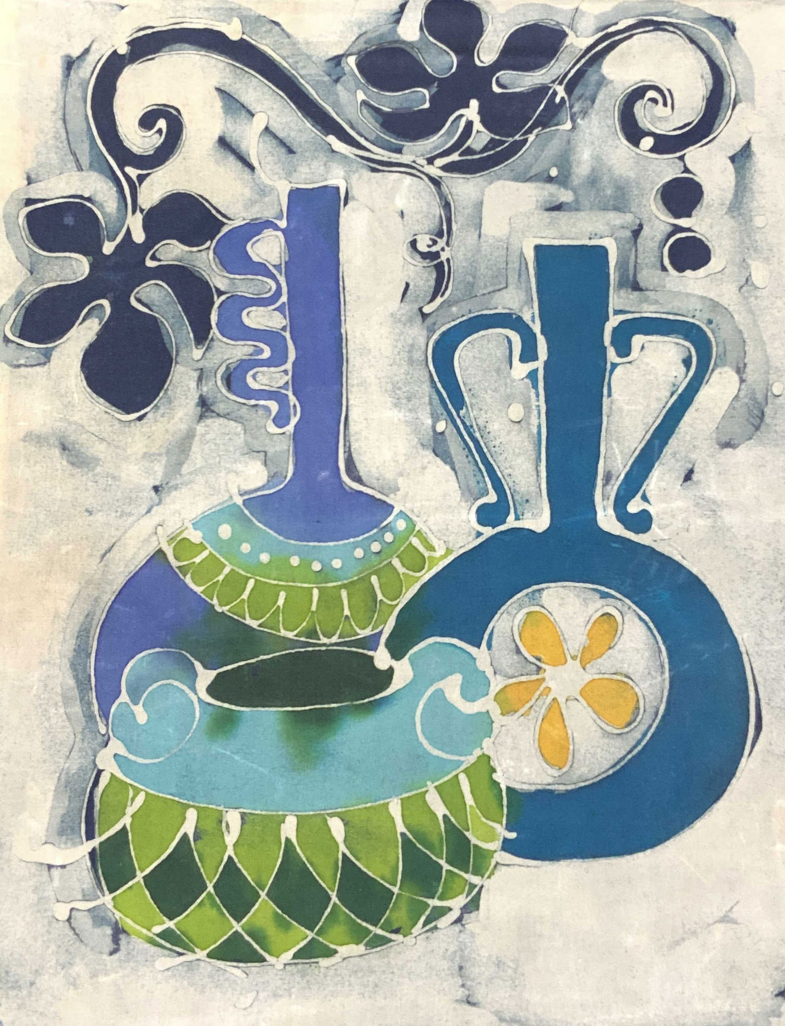 Dyed Linen Folk Art Wall Hanger: Dyed linen folk art depicting various cool toned vases with dark blue floral motifs. Dyed linen affixed to wooden posts on either end. Approximately 19 x 14.5 inches. Minor wearing wooden posts and to