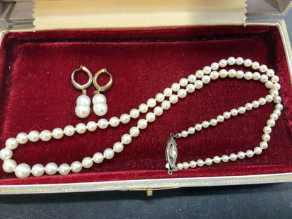 Pearl Necklace w Silver Clasp, Pearl Earrings, 3: Graduated Pearl necklace , lovely luster, antique white with silver Art deco clasp. 19.25 in. L largest pearl 6 mm. Clasp marked silver Cultured drop double pearl clip on earrings, can be changed for