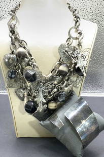 Gothic Fairy & Heart Bib Necklace, Abstract Cuff: Chucky bib in necklace with hearts and fairy charms, possibly pewter of other metal. Large cable chain , heavy piece , 14-16.5 in. Abstract sculptural cuff bracelet , hinged apparatus , adjustable siz