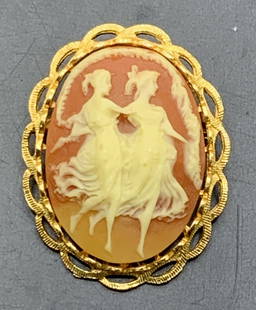 CORO Victorian Resin Brooch: Signed Coro cameo brooch, two dancing Roman Vestal ladies , set in gold tone metal. 2 x 1.5 in. Comes in gold box. Romanesque Victorian Brooch, Signed designer Coro brooch, Cameo brooch, Luxury Statem