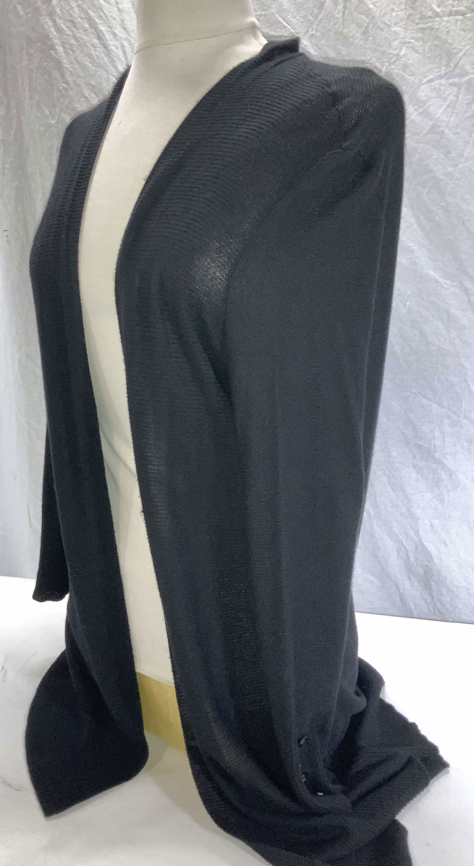 Cyrus Black Knit Viscose Cardigan: Finely knit open cardigan with cuff fashion buttons. Labeled Cyrus..size Medium. 30 in. L . Light pilling under sleeve. Cardigan, black Cardigan, Sweater, Fall Winter Wear, Wearables, Ladies Fashion,