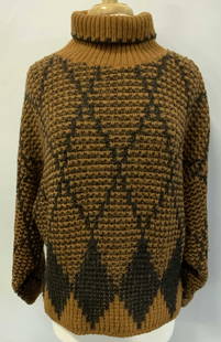 Gina Fiori Brown Knit Wool Sweater England: Gina Fiori brown and black diamond pattern sweater. Wool, acrylic, and mohair. size M. Measures approx. 24 inches across chest. Some wear to material consistent with exposure. Made in England. Gina Fi