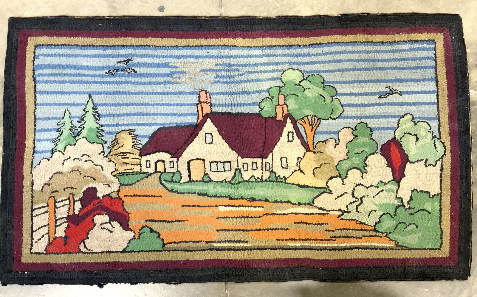 Vintage Hooked Rug W Landscape Image (1 of 8)