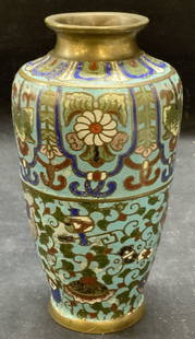 Vintage Japanese CPO Cloisonne Vase: Vintage Japanese CPO cloisonne vase. Enamel over brass. Signed to underside. Surface wear consistent with exposure. Measures approx. 3.5 x 7 inches. CPO, CPO vase, CPO cloisonne vase, cloisonne vase,