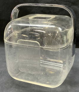 Vintage GUZZINI MCM Lucite Ice Bucket: Vintage MCM lucite ice bucket with chrome toned top handle. Marked on lid with hallmark. Approximately 7 inches tall and 7 inch diameter. Evident surface wearing to lucite due to age and use. Vintage