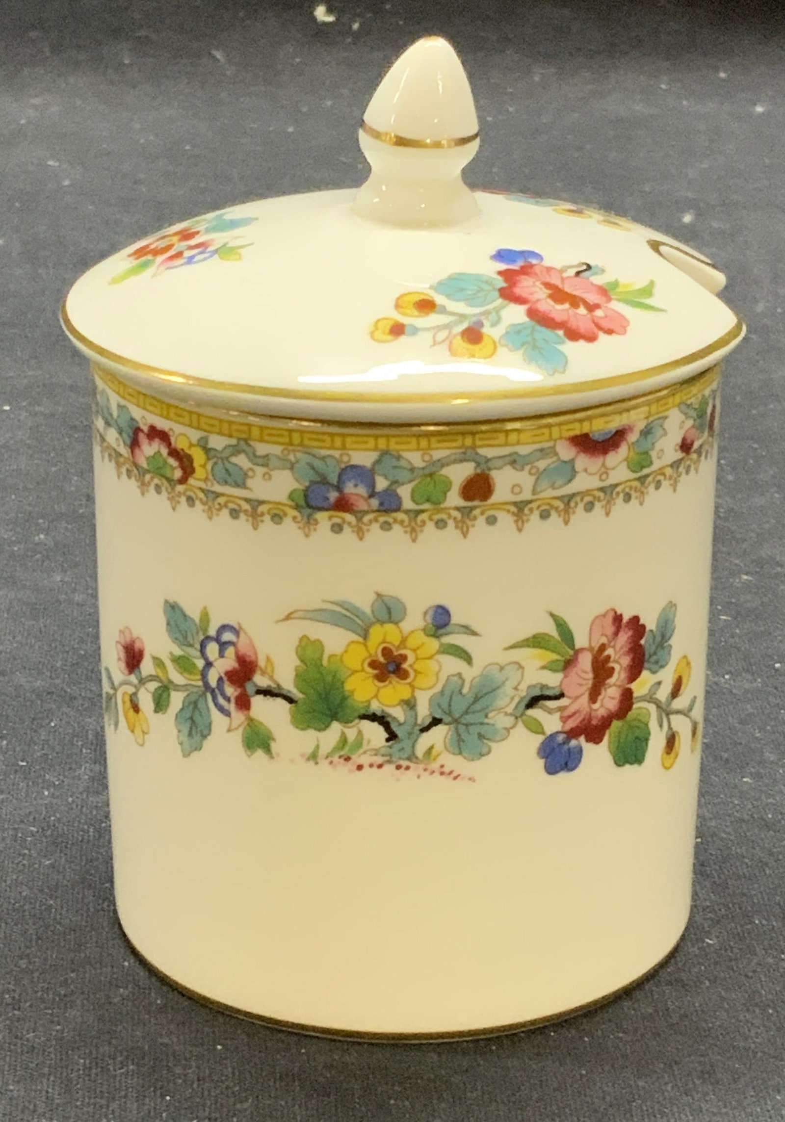 Coalport China Ming Rose Jam Jar, England: Coalport bone china Ming Rose pattern jam/condiment jar. Trademarked to underside. Made in England. Some surface wear consistent with exposure. Measures approx. 2 5/8 x 4 inches including lid. Coalpor