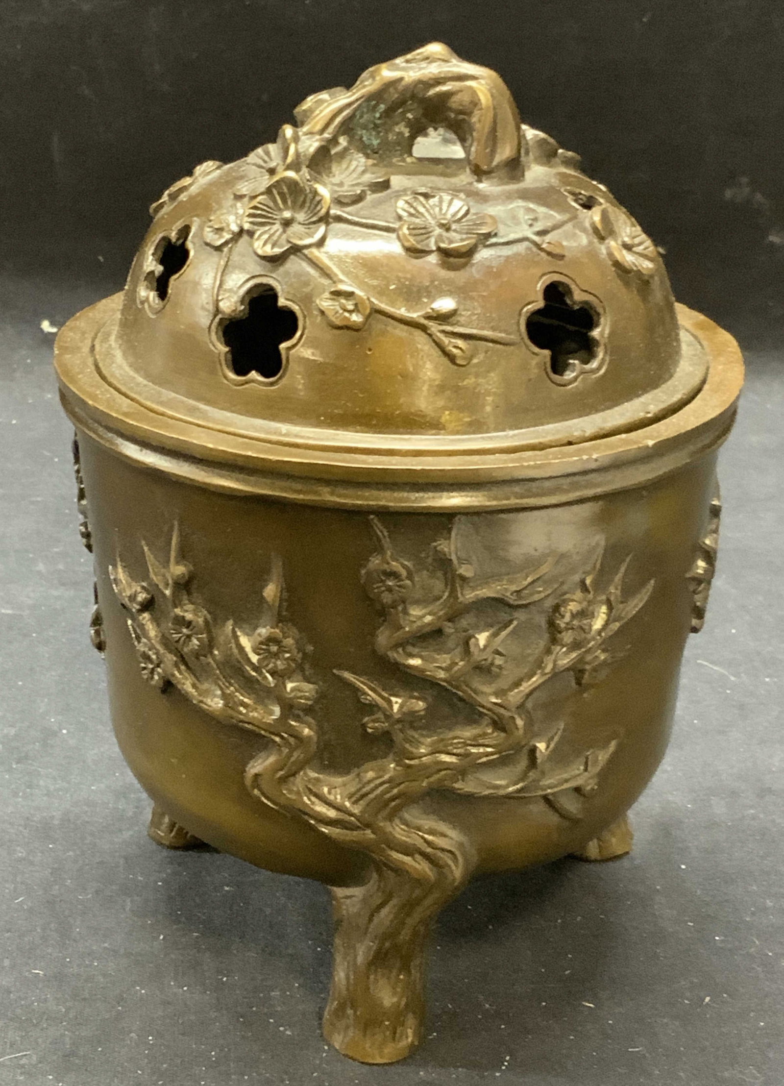 Stamped Chinese Bronze Floral Incense Burner: Stamped Chinese bronze incense burner with floral motif. Stamped to underside. Measures approx. 4.75 x 6.25 inches. Some surface wear consistent with exposure. Incense burner, Chinese incense burner, 