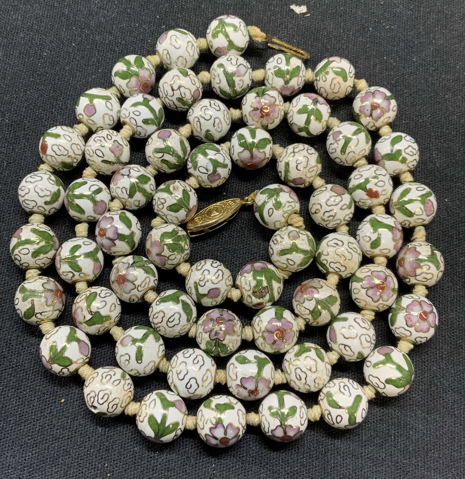 Asian Cloisonne Beaded Necklace, Jewelry: Asian cloisonnne beaded necklace in white. Total length approx. 28.75 inches. Some wear consistent with exposure. Estate jewelry, costume jewelry, cocktail jewelry, fashion jewelry, accessories, fashi