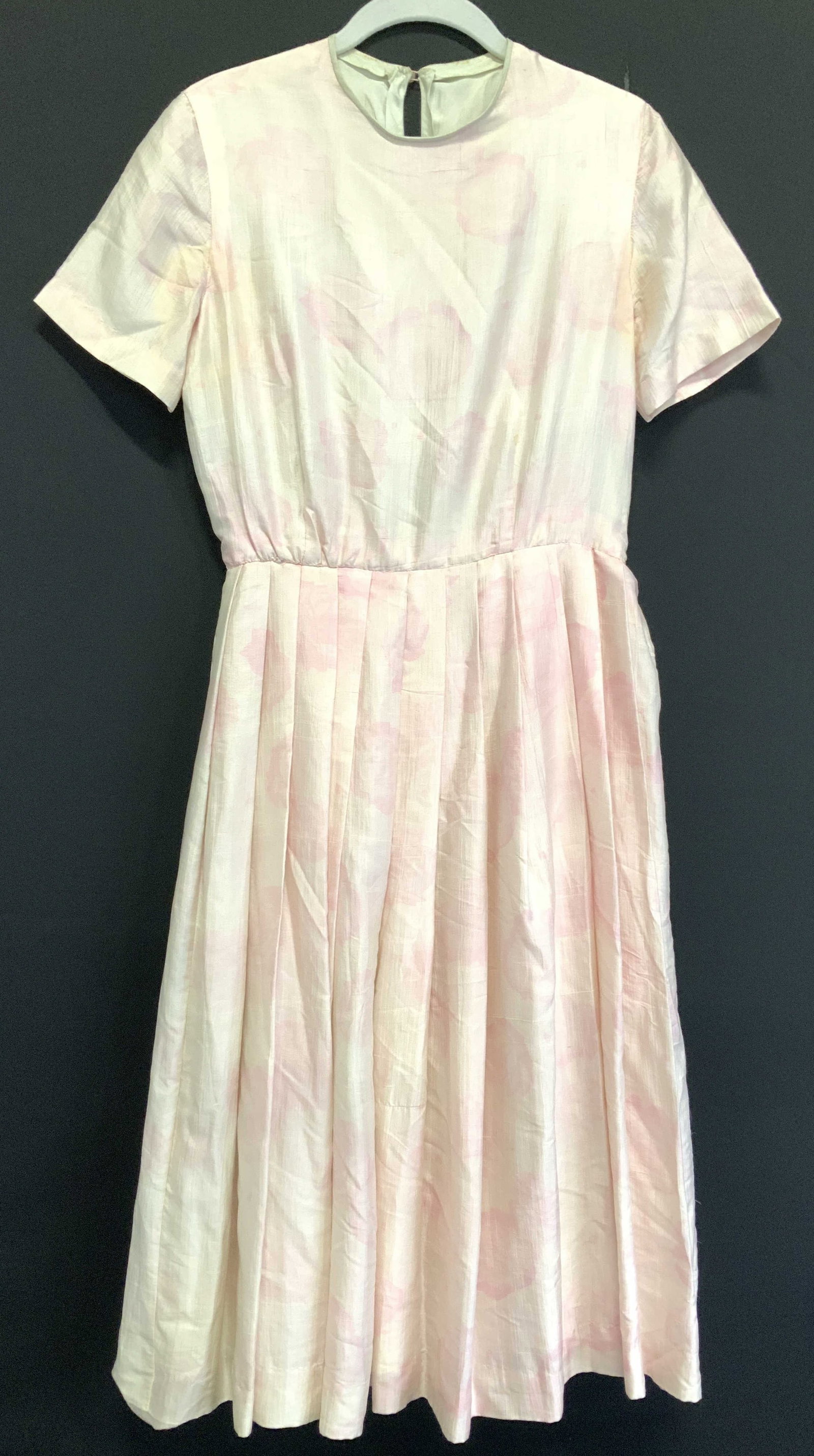 1950s Silk Pleated Skirt Dress & Scarf: Custom made silk cocktail dress ca 1950s style. All silk including lining. Pink with subtle roses. Pleated skirt , high collar, size zipper.27 in. Waist. Discoloration under sleeves. Scarf measures 7.