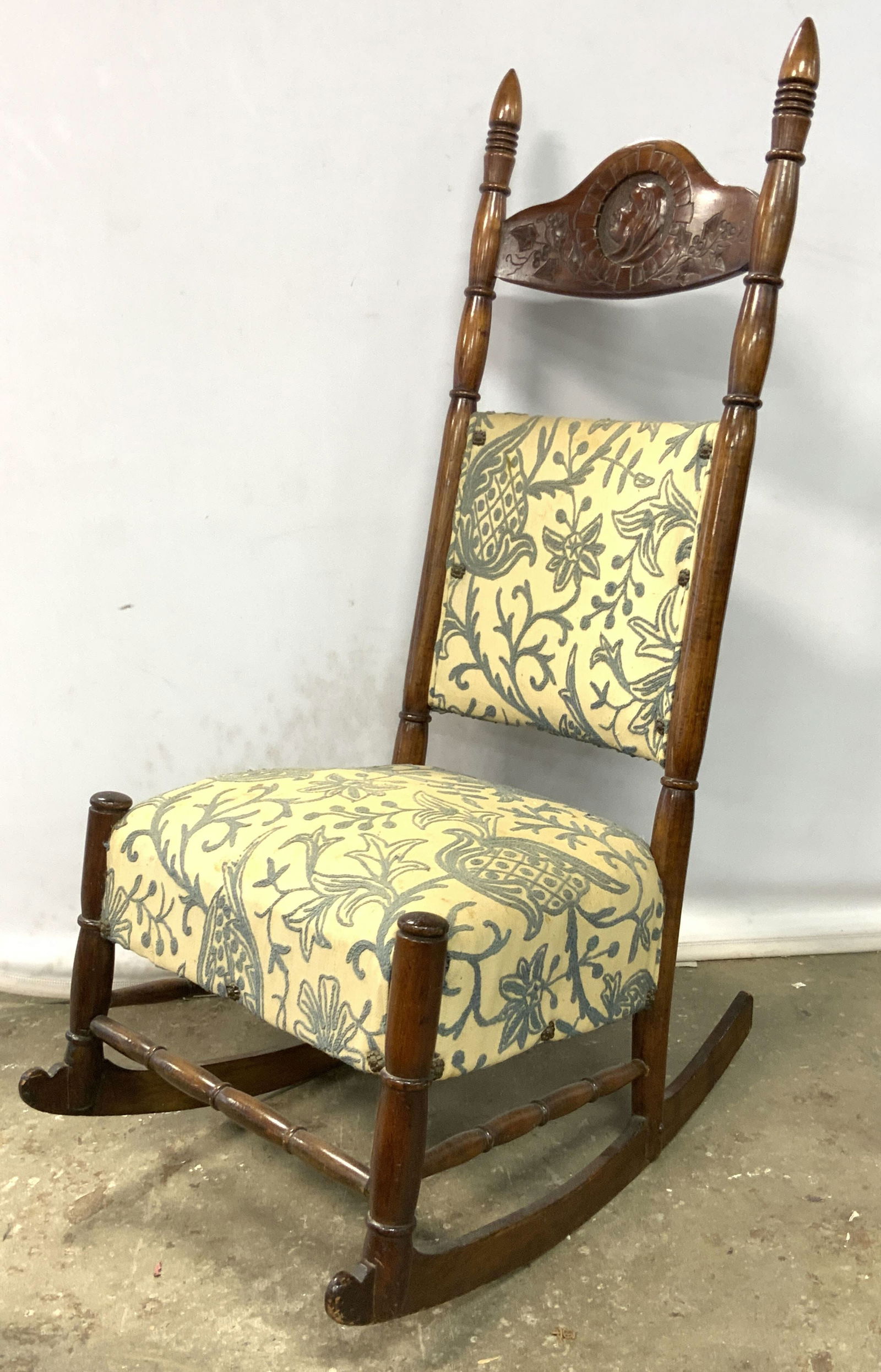 Vtg Carved Figural Crewel Embroidery Rocking Chair (1 of 13)