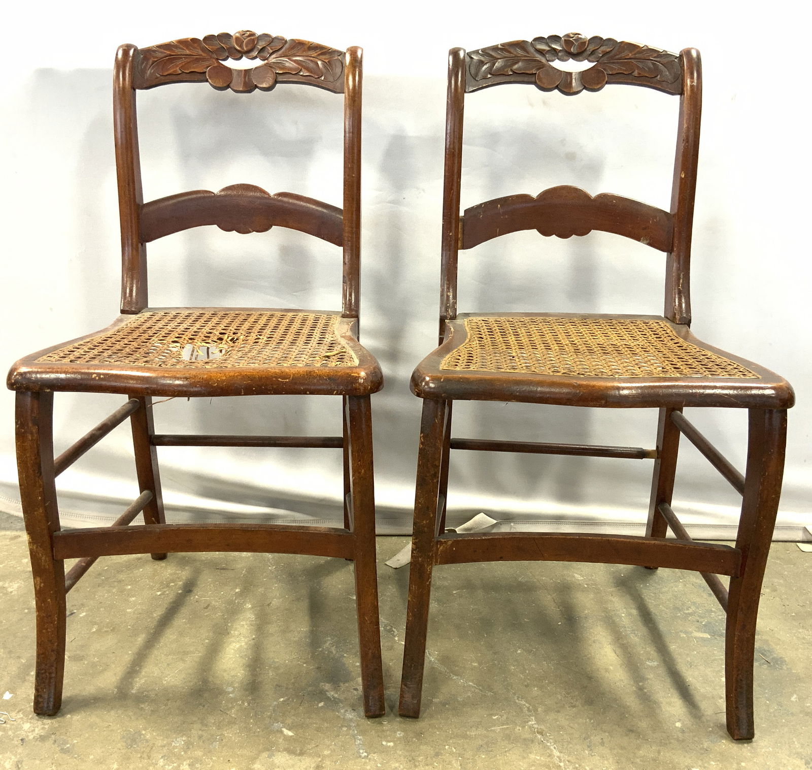 Pr Early American Carved Wooden Cane Seat Chairs (1 of 8)