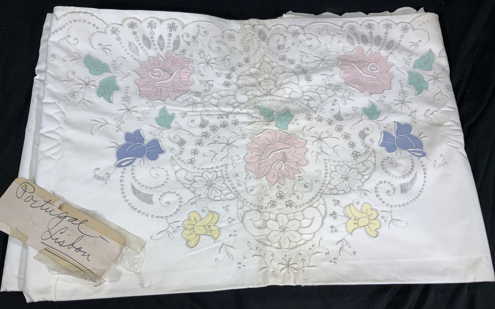 Embroidered White Cotton Bedsheet, Portugal (1 of 8)