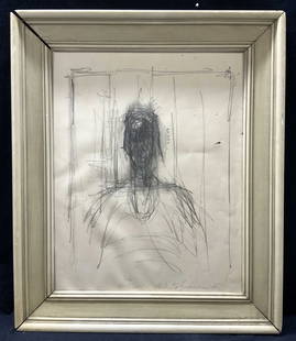 Alberto Giacometti Charcoal Drawing Lithograph: Marked on lower right Alberto Giacometti, depicts a black figure with a scribbled head. Framed in off white wooden frame, no glsss. Approximately 25 x 21 inches window measures 19,5 x 15 inches Eviden