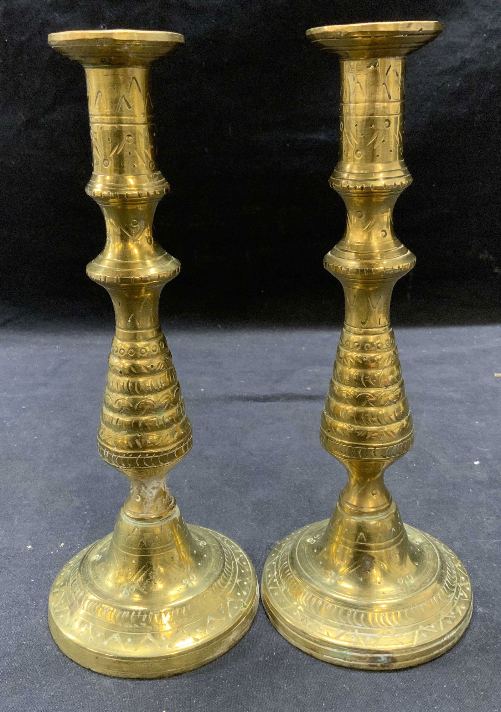 Pair Etched Brass Candlesticks (1 of 6)