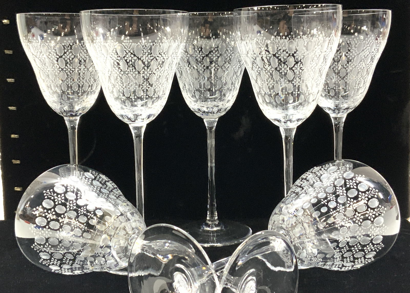 Signed Rosenthal Long Crystal Stemware, Set 7: Hand blown crystal glasses with long delicate stem, frosted Reticulated pattern of ovals and reverse bell shape goblets. Signed Rosenthal Studio Linie on all. 7.5 x 3 in. Made in Germany ,Crystal Wine