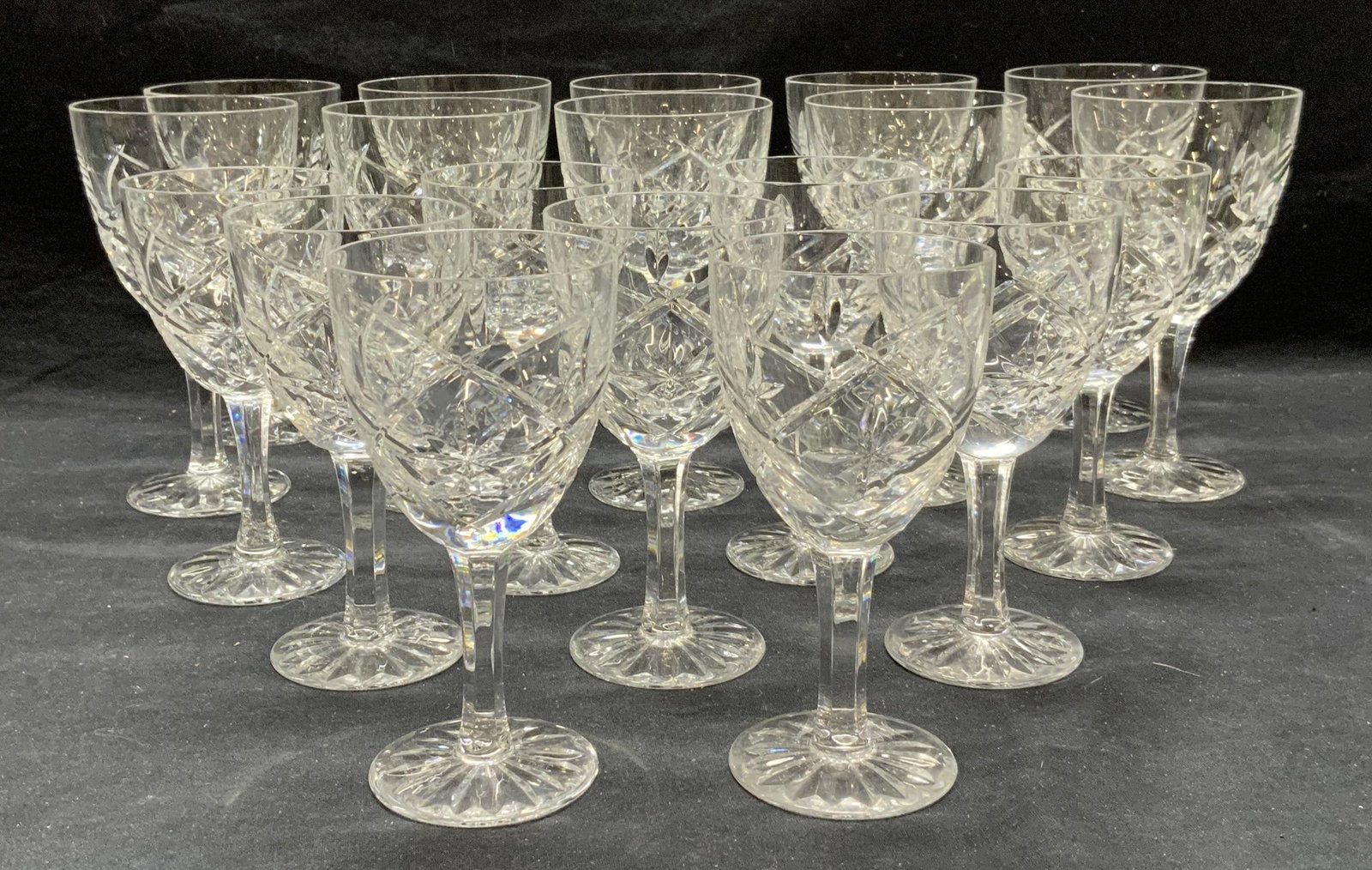 Set 20 Heavy Cut Crystal Stemware: Set of 20 pieces. Heavy cut crystal wine glasses. Larger glasses measure approx. 3 5/8 x 6.75 inches each. Smaller glasses approx. 3 x 6 inches each. All pieces have some surface wear including small 