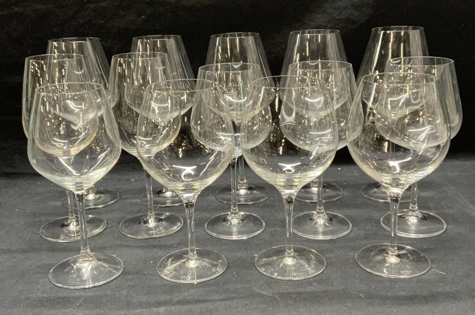Group 14 Stolzle & Bormioli Wine Glasses, More: Group of 14 wine glasses. 1 pieces signed Bormioli Rocco, measures approx. 3.5 x 8.5 inches. 3 pieces signed Stolzle Lausitz, measure approx. 4 x 8.5 inches each. 10 pieces, sizes vary, largest approx