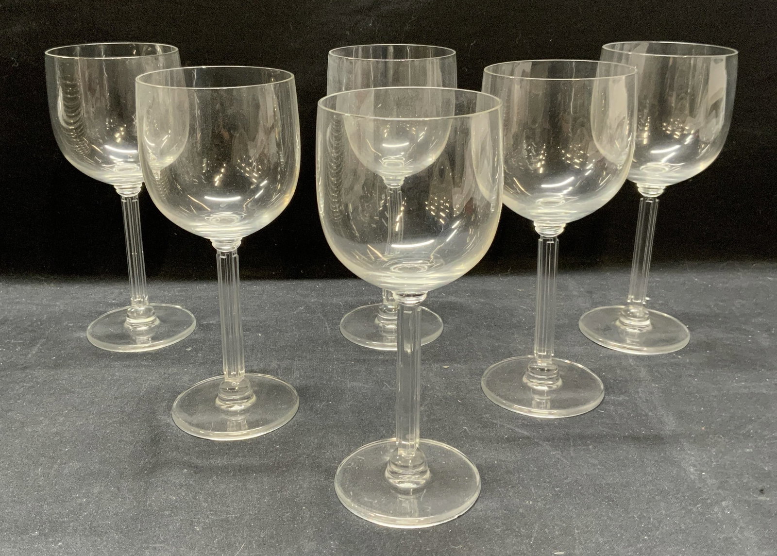 Set 6 Crystal Stemware, Wine Glasses: Set of 6 crystal wine glasses with ribbed stems. Some surface wear to all pieces consistent with exposure. 3.25 x 8 inches. Stemware, glassware, wine glasses, crystal wine glasses, crystal stemware, h