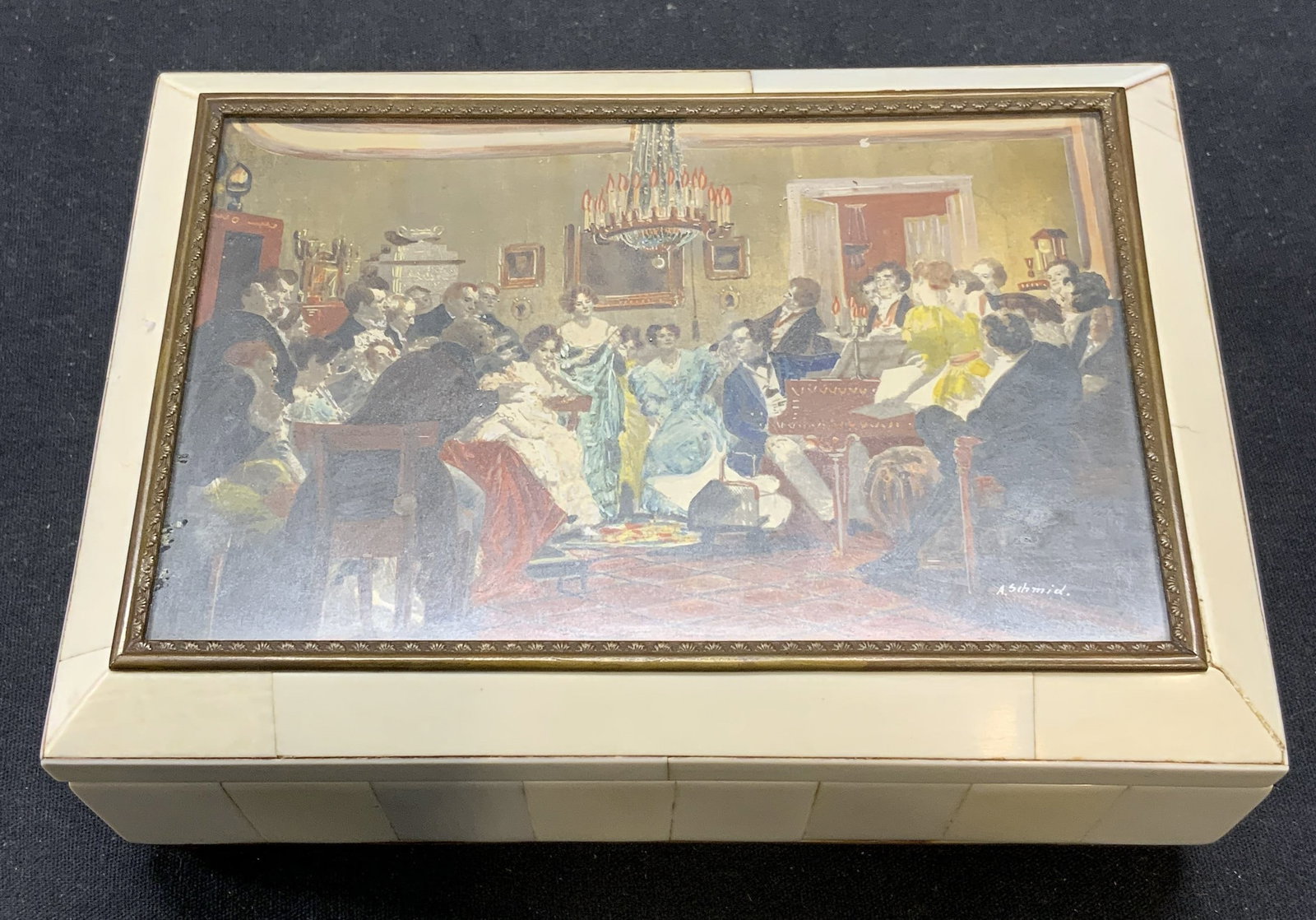 Vintage Hand Painted Bone Jewelry Music Box: Vintage bone music jewelry box with hand painted cover signed A. Schmid. Not tested for function. Interior velvet lined. Some surface wear consistent with exposure. Measures approx. 6.5 x 4.5 x 2.5 in